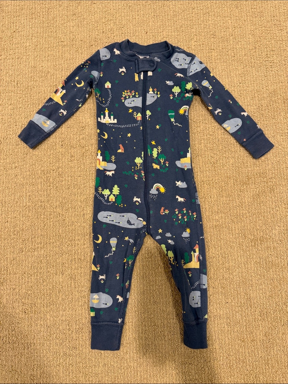 Hanna Andersson Navy Zip One-Piece Footie with Colorful Adventure Print
